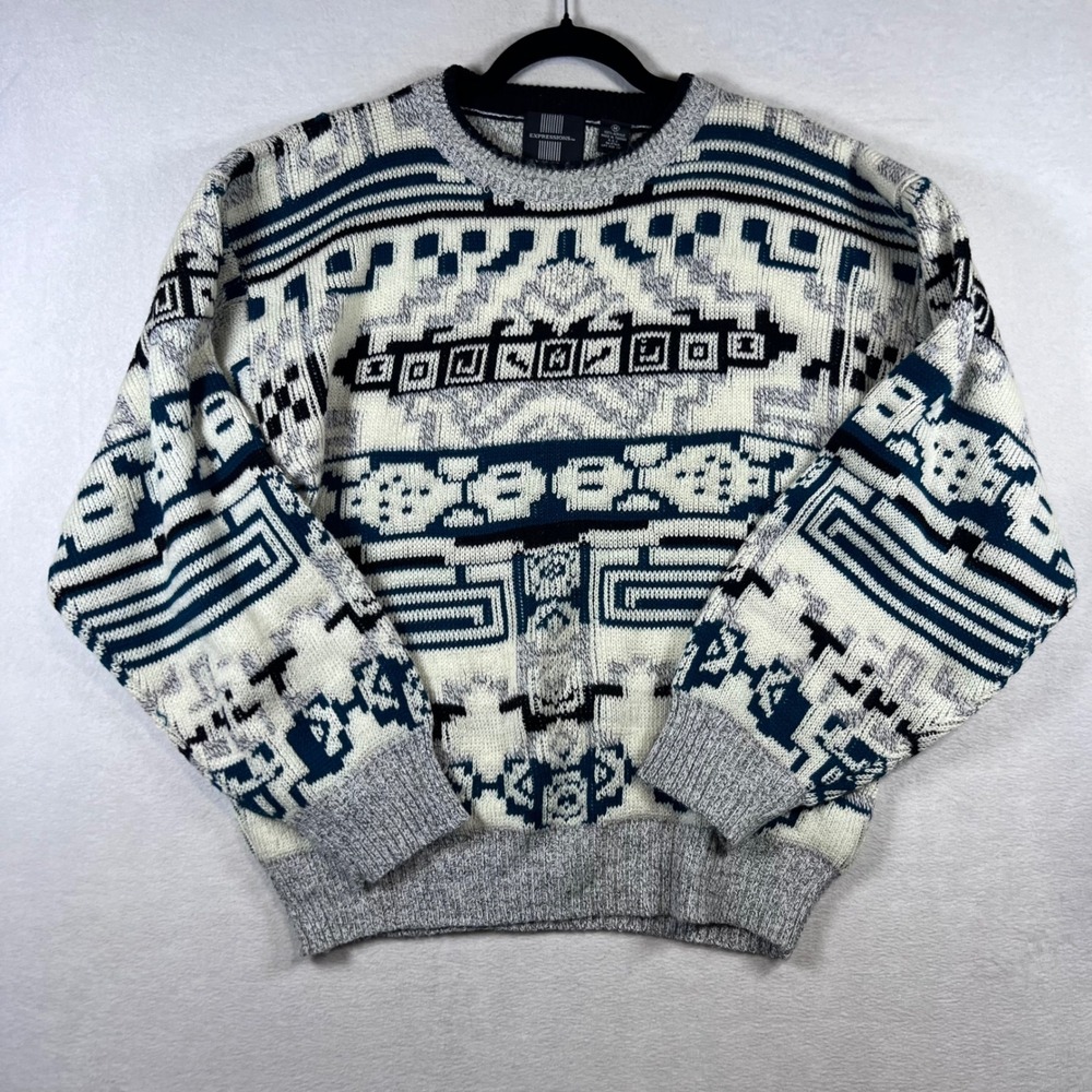 Vintage Expressions Mens Med Geometric Abstract Knit Sweater Teal Grey Coogi 90s
